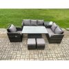 Fimous Outdoor Rattan Furniture Garden Dining Set Patio Height Adjustable Rising lifting Table Reclining Chair Sofa With Side Table 2 Small Footstools Dark Grey Mixed