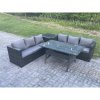 Fimous PE Wicker Outdoor Garden Furniture Set Patio Rattan Rectangular Dining Table Lounge Sofa with Side Table 6 Seater Dark Grey Mixed