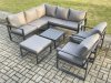 Fimous Outdoor Garden Furniture Set Aluminium Lounge Sofa Square Coffee Table Sets with 2 Pcs Chair Big Footstool Indoor Conservatory Set Dark Grey