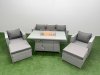 Fimous 7 Seat PE Rattan Lounge Sofa Set Outdoor Garden Furniture Set with Firepit Dining Table 3 Seater Sofa 2 Big Footstools Light Grey
