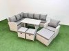 Fimous Garden Outdoor Rattan Furniture Set Rattan Corner Sofa Oblong Dining Table with Armchair 3 Footstools Light Grey Mixed 10 Seater