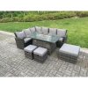 Fimous 9 Seater?Outdoor High Back Rattan Gas Fire Pit Corner Sofa Set Garden Furniture Heater Dining Table Set Footstools Dark Grey Mixed Left Hand