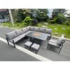 Fimous Aluminum Outdoor Garden Furniture Corner Sofa Chair Gas Fire Pit Dining Table Sets 2 Stools Gas Heater Burner Dark Grey 10 Seater