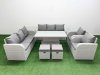 Fimous PE Rattan High Back Lounge Sofa Set Patio Adjustable Lifting Dining or Coffee Table & Chairs Set with 3 Seater Sofa Reclining Chair Stools Side Table Light Grey