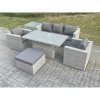 Fimous Rattan Garden Funiture Set Adjustable Rising Lifting Table Sofa Dining Set With 2 Arm Chair Side Table Big Footstool