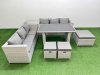 Fimous Rattan Garden Furniture Dining Set 9-seater Patio Rectangular Table Sofa Set with Side Table 3 Stools Light Grey