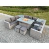 Fimous Light Grey Rattan Fire Pit Garden Furniture Set Gas Heater Burner Lounge Sofa Dining Set 2 Coffee Table Chairs Stools