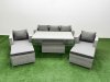 Fimous 6 PCs Rising Dining Table Set Rattan Furniture Set with 3 Seater Sofa Chair 2 Big Footstools Light Grey