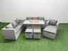 Fimous 10 Seat PE Rattan Lounge Sofa Set Outdoor Garden Furniture Set with Firepit Dining Table 3 Seater Sofa 3 Stools 2 Side Tables Light Grey