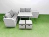 Fimous 6 Seater Outdoor Love Sofa Set Rattan Garden Furniture Set with Rectangular Dining Table 2 Side Tables 2 Small Footstool Light Grey