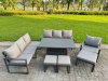 Fimous Garden Aluminium Furniture Set Dark Grey 9 Seater Outdoor Patio Adjustable Rising Lifting Dining Table with 2 Big Footstools 2 Side Tables Dark Grey