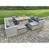 Fimous 11 Seater Outdoor Garden Dining Sets Rattan Furniture Gas Fire Pit Dining Table Gas Heater with Side Table 2 Big Footstools Light Grey