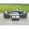 Fimous 6 Seater Rattan Lounge Sofa Set Outdoor Garden Furniture Set with Rectangular Coffee Table Love Sofa Side Table 2 Small Footstools Dark Grey Mixed