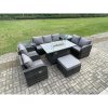 Fimous 8 Seater PE Wicker Outdoor Rattan Garden Furniture Set Propane Gas Fire Pit Table and Sofa Chair set with 2 Side Tables Big Footstool
