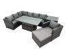 Fimous 8-seater Height Adjustable Rising Lifting Table Corner Sofa Set Rattan Garden Furniture Dining Set with Big Stool Side Table Dark Grey Mixed