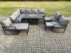 Fimous Aluminium 11 Pieces Garden Furniture Corner Sofa Set with Cushions Gas Fire Pit Dining Table Set with 3 Chairs 3 Footstools Dark Grey