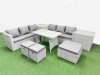 Fimous Rattan Garden Furniture Dining Set 9-seater Patio Rectangular Table 3 Seater Sofa Set with 2 Side Tables 3 Stools Light Grey