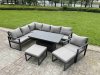 Fimous Aluminium Garden Furniture Sets,8 Seater Outdoor Conversational Dining Set with Adjustable Rising Lifting Dining Table,2 Big Footstools Dark Grey