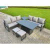 Fimous 5 Pieces Garden Furniture Set Aluminium Adjustable Rising Lifting Dining Table and Sofa Set with 2 Small Footstools Dark Grey