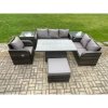 Fimous Outdoor Rattan Furniture Garden Dining Set Patio Height Adjustable Rising lifting Table Reclining Chair Sofa With 2 Side Tables Big Footstool Dark Grey Mixed