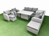 Fimous PE Rattan Garden Furniture Set Reclining Chair Sofa Double Love Seat 2 Seater Sofa Lounge Set Adjustable Lifting Dining or Coffee Table 3 Stools Side Table Light Grey