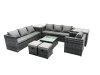Fimous Rattan Garden Furniture Dining Set 9-seater Patio Coffee Table Sofa Set with 2 Side Tables 2 Small Stools Dark Grey Mixed
