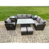Fimous Rattan Outdoor Furniture Garden Dining Set Patio Height Adjustable Rising lifting Table Reclining Chair Sofa With 2 Side Tables 2 Small Footstools Dark Grey Mixed