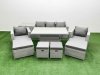 Fimous 9 PCs Rising Dining Table Set Rattan Furniture Set with 3 Seater Sofa Chair 2 Big Footstools 2 Small Footstools Side Table Light Grey
