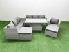 Fimous 6 PCs Rising Dining Table Set Rattan Furniture Set with 3 Seater Sofa Chair 2 Big Footstool Light Grey