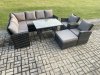 Fimous High Back Outdoor Garden Furniture Set Rattan Corner Sofa Dining Table Set With Big Footstool Armchair Dark Grey Mixed