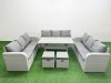 Fimous PE Rattan Lounge Sofa Set 11 Seater Outdoor Garden Furniture Set with Rectangular Dining Table 3 Seater Sofa 2 Stools Side Table Light Grey