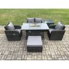Fimous Rattan Outdoor Garden Furniture Set Gas Fire Pit Dining Table with Side Table Chair Love seat Sofa Footstool