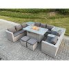 Fimous Light Grey Rattan Fire Pit Garden Furniture Set Gas Heater Burner Lounge Sofa Dining Set 2 Coffee Table Chairs Stools