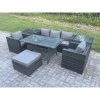 Fimous 6 Seater Rattan Garden Furniture Set Patio Outdoor Rectangular Dining Table Lounge Sofa Chair with 2 Side Table Stool Dark Grey Mixed