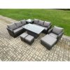 Fimous PE Rattan Outdoor Garden Furniture Sets Height Adjustable Rising lifting Dining Table Sofa Set with Side Table Reclining Chair 3 Footstools Dark Grey Mixed