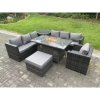 Fimous Rattan Garden Furniture Sofa Set Outdoor Patio Gas Fire Pit Dining Table Gas Heater Burner With Side Table Armchair Big Footstool 8 Seater Dark Grey Mixed