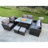 Fimous Outdoor Rattan Garden Furniture High Back Sofa Set Fire Pit Dining Table Gas Heater 2 Recling Chairs 2 Seater Love Sofa Footstools 8 Seater