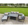 Fimous 6-Piece Aluminium Garden Furniture Sets 6 Seater Outdoor Sofa Set with Adjustable Rising Lifting Dining Table 2 Chairs Big Footstool Side Table