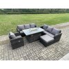 Fimous Rattan Outdoor Furniture Gas Fire Pit Rectangle Dining Table Gas Heater Reclining Chair 3 Seater Sofa Sets with Big Footstool 8 Seater