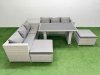 Fimous Rattan Garden Furniture Dining Set 8-seater Patio Rectangular Table Sofa Set with Side Table 2 Big Stools Light Grey