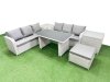 Fimous 7 Seater Rattan Outdoor Dining Table 3 Seater Sofa Set with 2 Side Tables Big Stool Light Grey