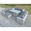 Fimous Light Grey U Shape Lounge Rattan Garden Furniture Set Adjustable Rising Lifting Table Dining Set Footstool