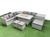 Fimous 9 Seat PE Rattan Lounge Sofa Set Outdoor Garden Furniture Set with Firepit Dining Table 3 Seater Sofa 3 Stools 2 Side Tables Light Grey
