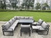 Fimous 9 Piece L-shaped Garden Furniture Set 10-Seater Aluminium Outdoor Dining Set with Adjustable Rising Lifting Dining Table 3 Chairs Dark Grey