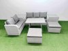Fimous Outdoor PE Rattan Garden Furniture Set Rectangular Dining Table Sofa Set with 2 Big Stool 2 Side Tables Light Grey