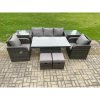 Fimous Outdoor Rattan Furniture Garden Dining Sets Height Adjustable Rising lifting Table Sofa Set With Chairs Side Tables 2 Small Footstools
