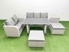 Fimous Garden Furniture Set PE Ratten Garden Sofa Set with Rectangular Dining Table 2 Big Stool 2 Side Tables Light Grey