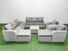 Fimous PE Rattan High Back Lounge Sofa Set Patio Square Coffee Table & Chairs Set with 3 Seater Sofa Reclining Chair 2 Big Footstool Side Table Light Grey