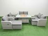 Fimous 9 Seater Outdoor Reclining Chair Love Sofa Set Rattan Garden Furniture Set with Firepit Dining Table 3 Stools Side Table Light Grey