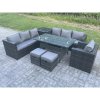 Fimous 9 Seater Outdoor Lounge Sofa Garden Furniture Set Patio Chair Rattan Rectangular Dining Table with Side Table 2 Small Footstool Dark Grey Mixed